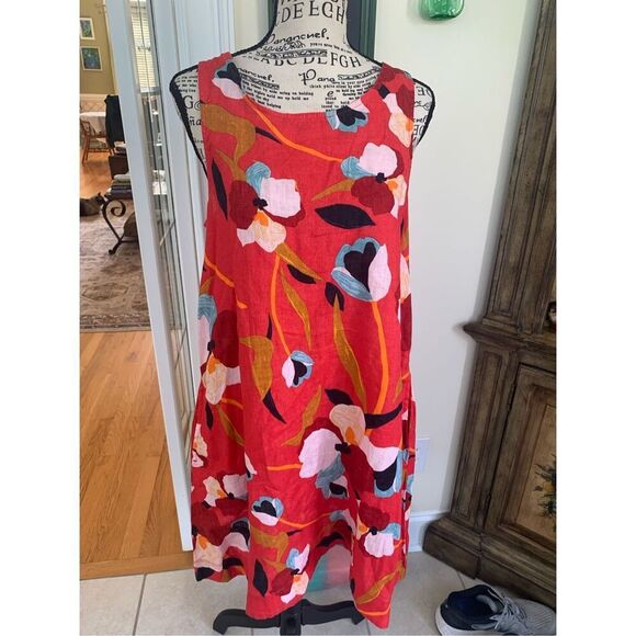 Sigrid Olsen Women's Large 100% Linen Dress Sleeveless Red Floral - Picture 1 of 12